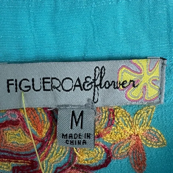 Figueroa & Flower Embroidered Floral Peasant Blouse Med Tunic Top Blue Shirt - Picture 3 of 4